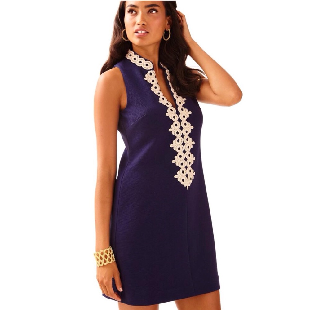 Lilly Pulitzer Callista Shift Navy Dress with Gold Embroidered Accents.